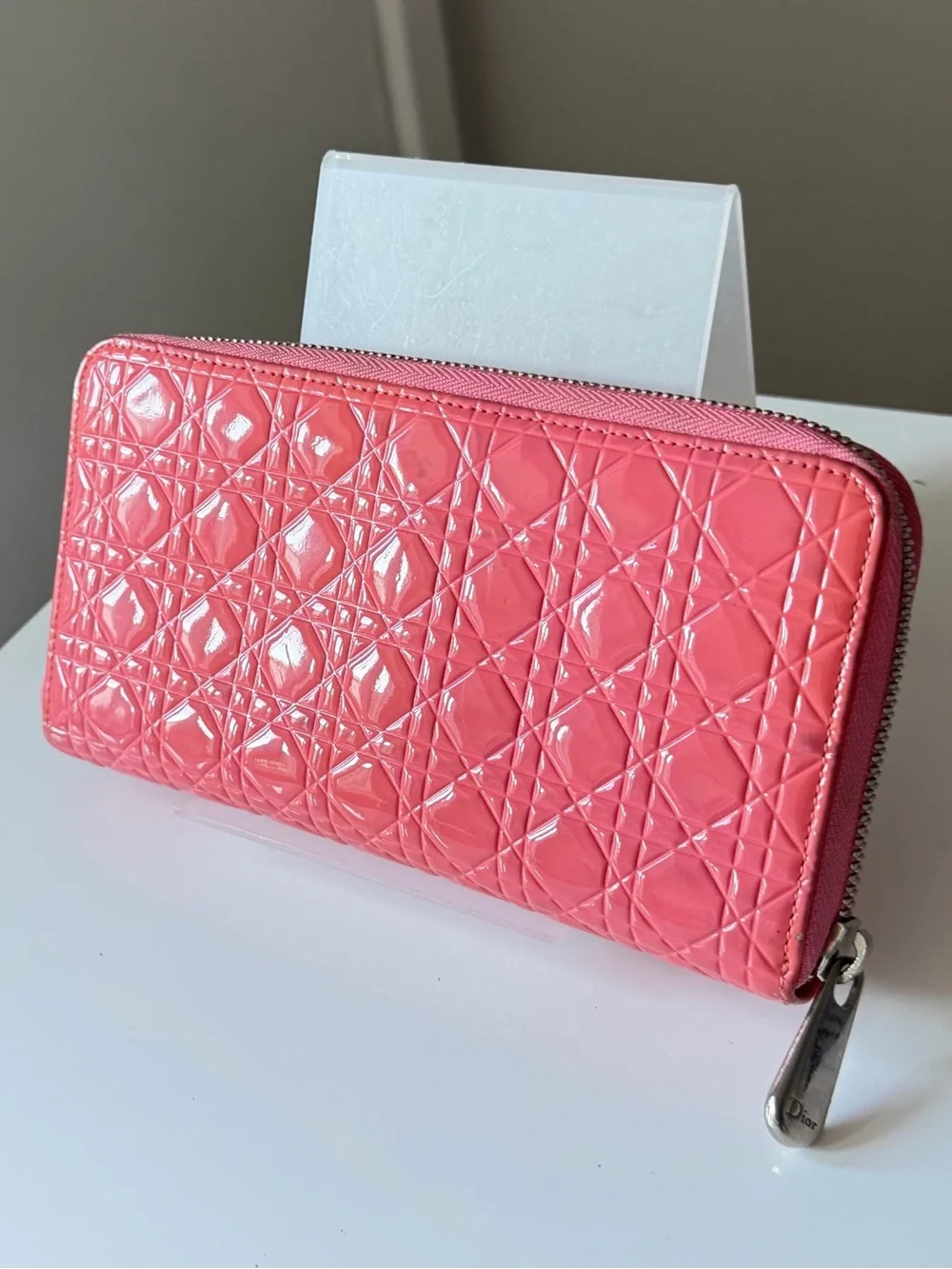 Dior Cannage Patent Leather Zip Around Wallet Coral Pink